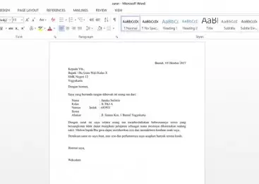 Kursus Komputer Anak SD, Word, Surat Ijin