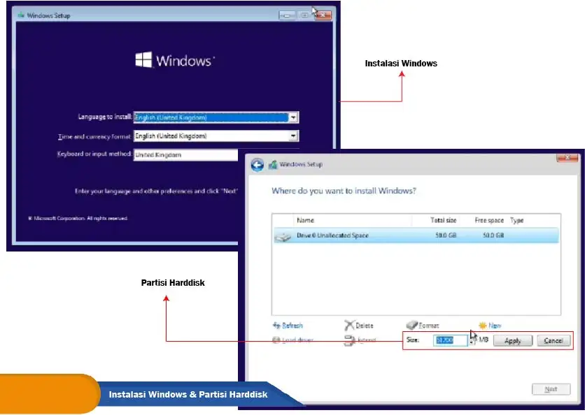 Proses instalasi sistem operasi Windows sekaligus membuat dan mengatur partisi penyimpanan pada komputer.