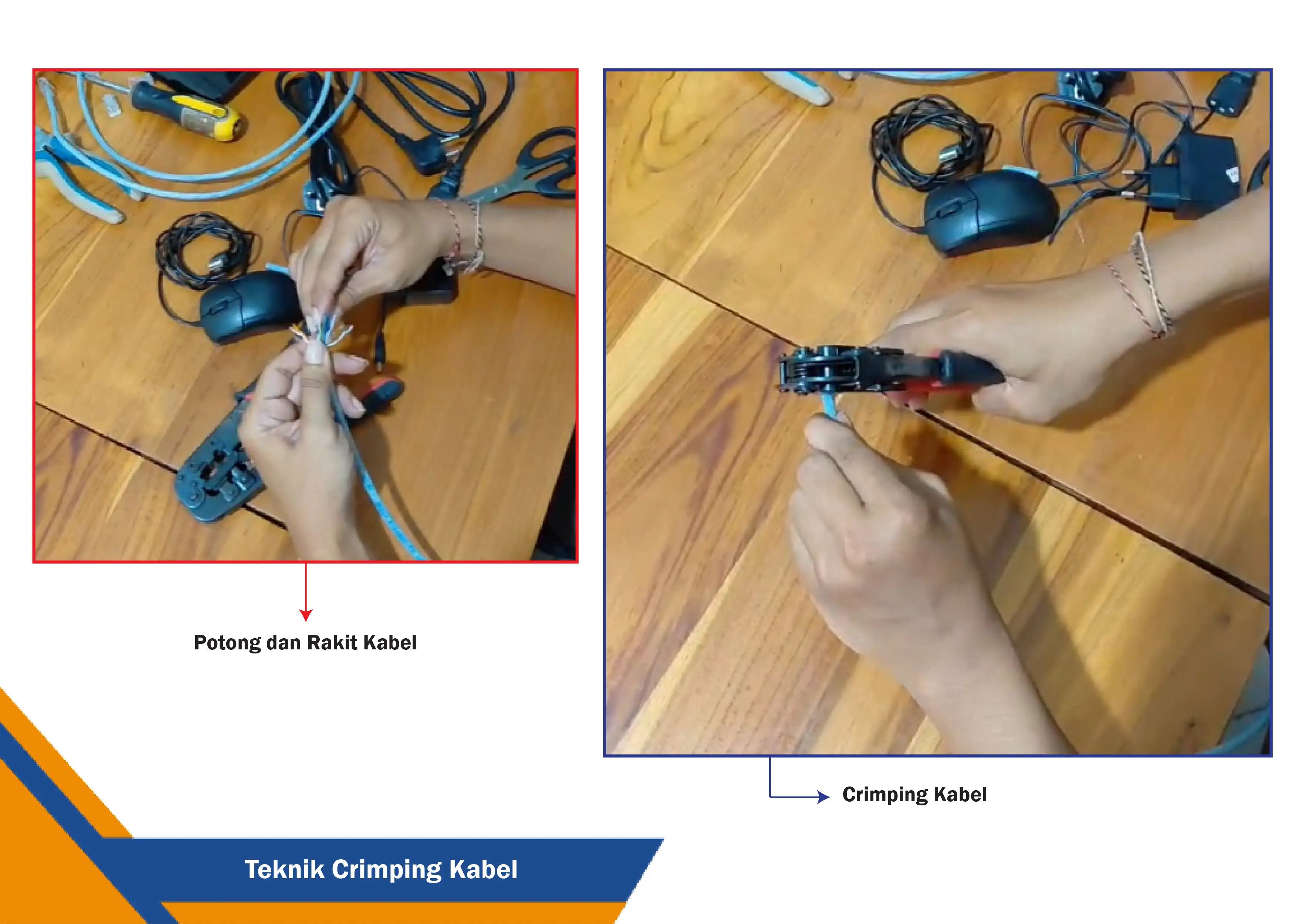 Proses pemasangan konektor RJ45 pada kabel LAN menggunakan alat crimping.