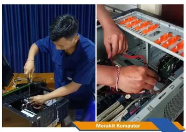 Proses merakit komputer dengan memasang dan menghubungkan komponen utama agar komputer dapat berfungsi dengan baik.