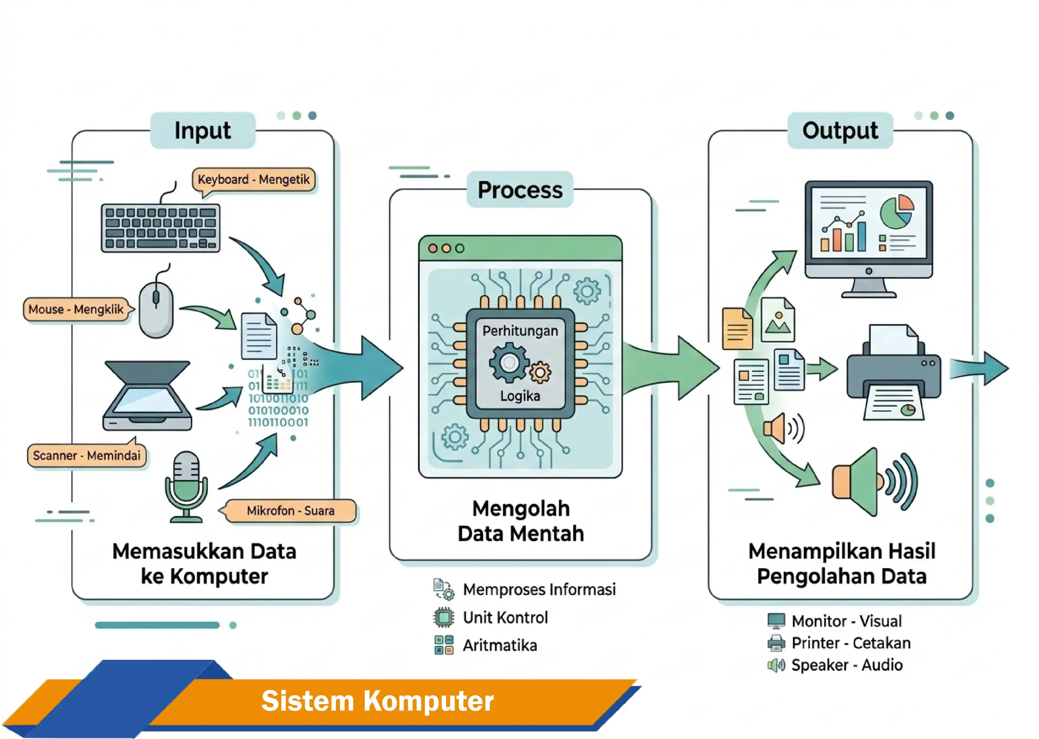 Penjelasan singkat tentang komponen sistem komputer yaitu hardware, software, dan brainware.